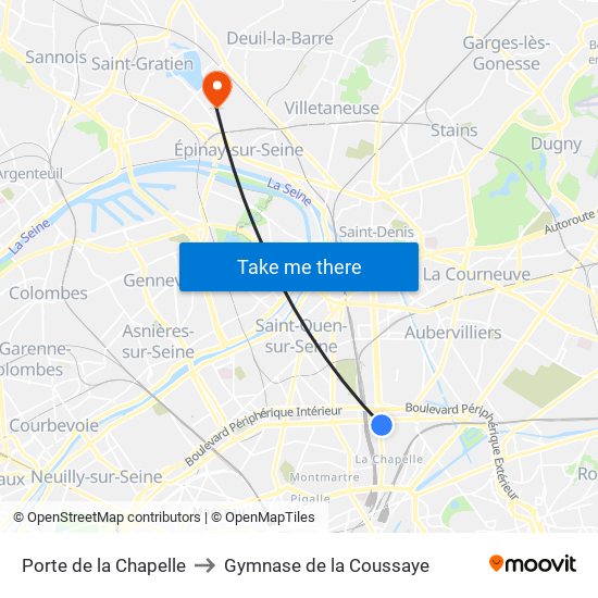 Porte de la Chapelle to Gymnase de la Coussaye map