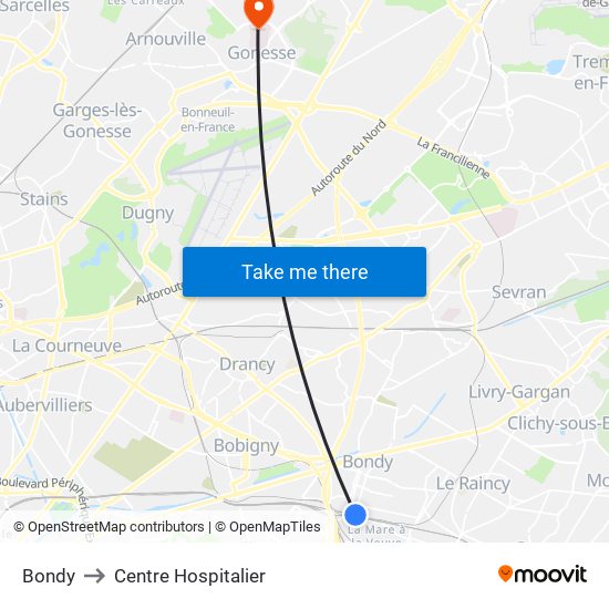 Bondy to Centre Hospitalier map