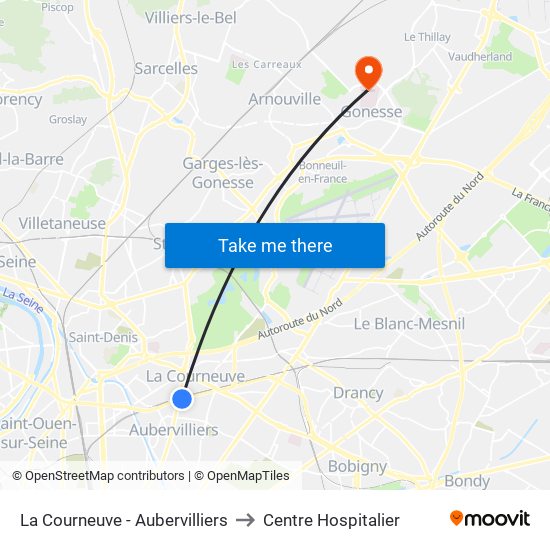 La Courneuve - Aubervilliers to Centre Hospitalier map