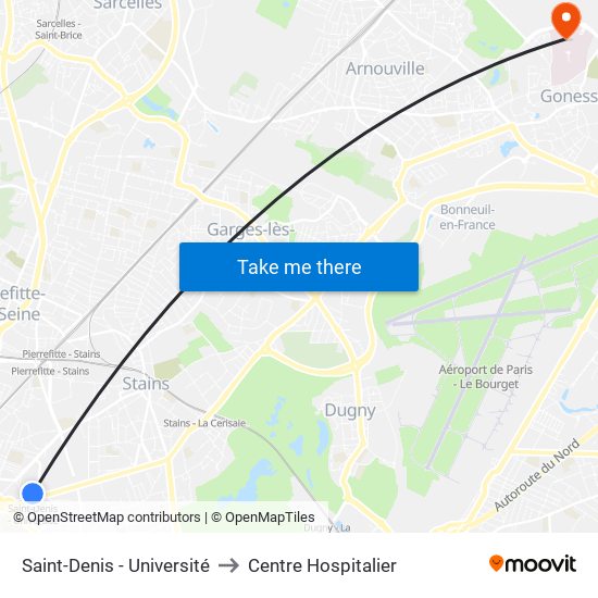Saint-Denis - Université to Centre Hospitalier map