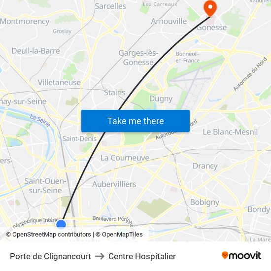 Porte de Clignancourt to Centre Hospitalier map