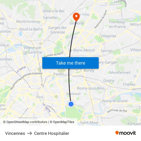 Vincennes to Centre Hospitalier map