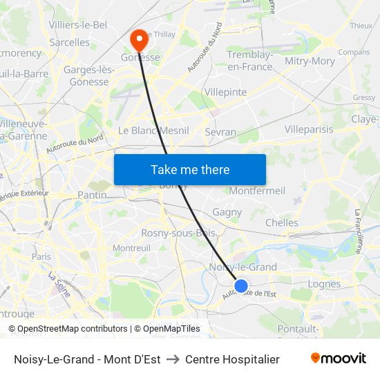 Noisy-Le-Grand - Mont D'Est to Centre Hospitalier map