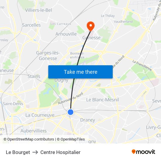 Le Bourget to Centre Hospitalier map