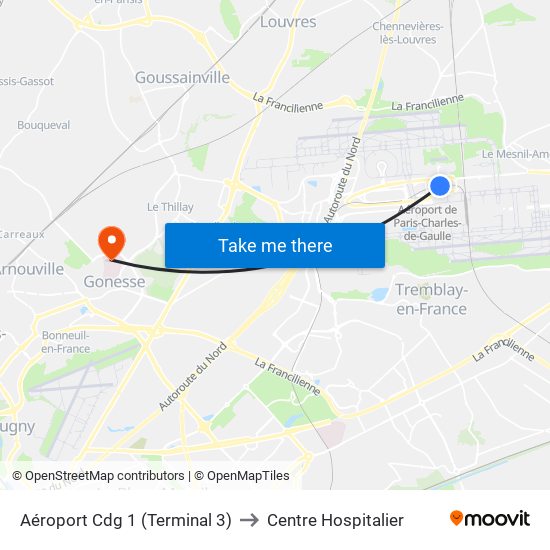 Aéroport Cdg 1 (Terminal 3) to Centre Hospitalier map