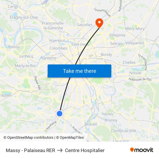 Massy - Palaiseau RER to Centre Hospitalier map
