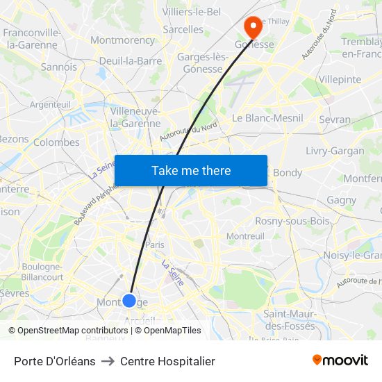 Porte D'Orléans to Centre Hospitalier map