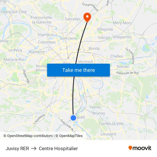 Juvisy RER to Centre Hospitalier map