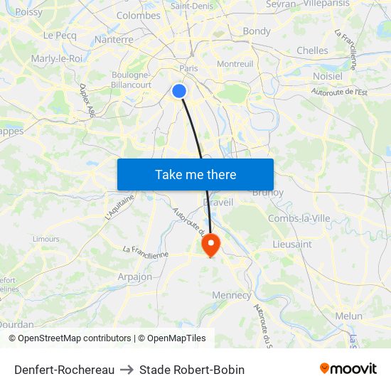 Denfert-Rochereau to Stade Robert-Bobin map