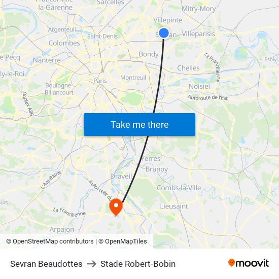 Sevran Beaudottes to Stade Robert-Bobin map
