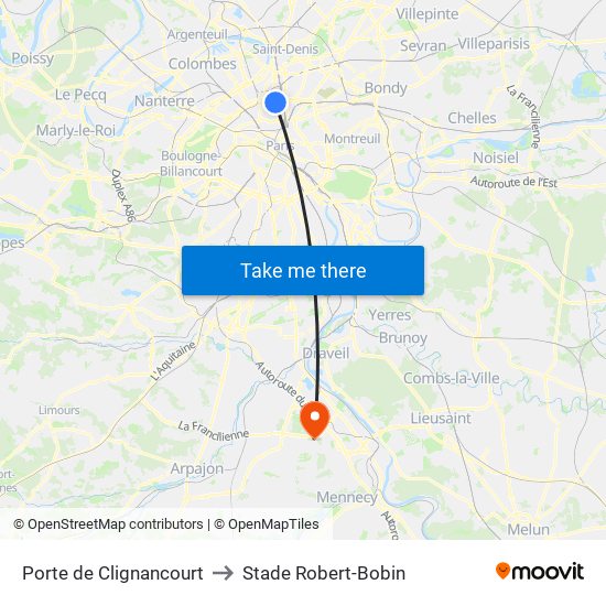 Porte de Clignancourt to Stade Robert-Bobin map