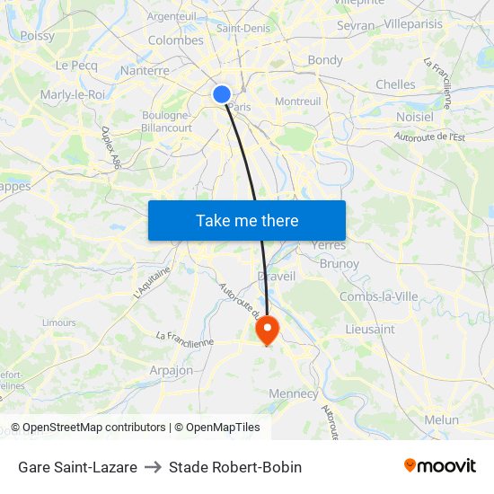 Gare Saint-Lazare to Stade Robert-Bobin map