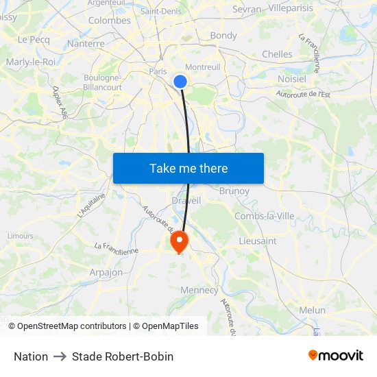 Nation to Stade Robert-Bobin map