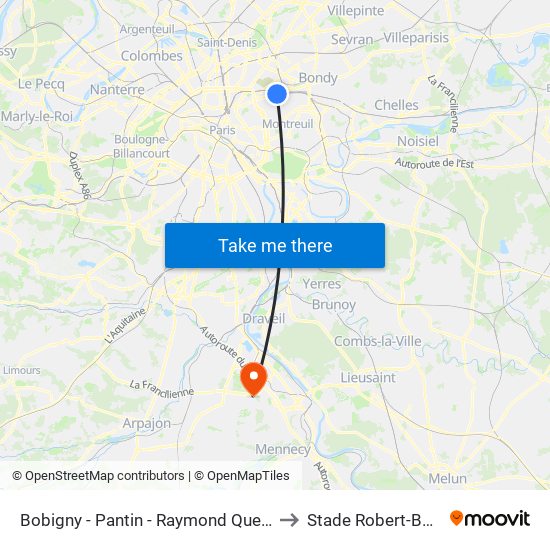 Bobigny - Pantin - Raymond Queneau to Stade Robert-Bobin map