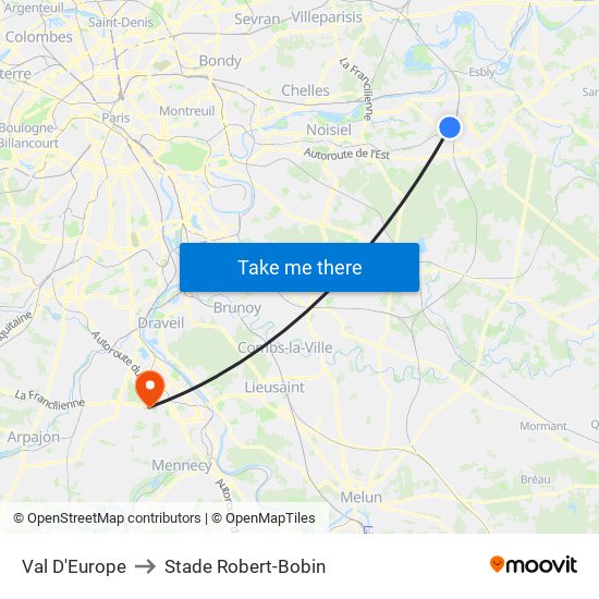 Val D'Europe to Stade Robert-Bobin map