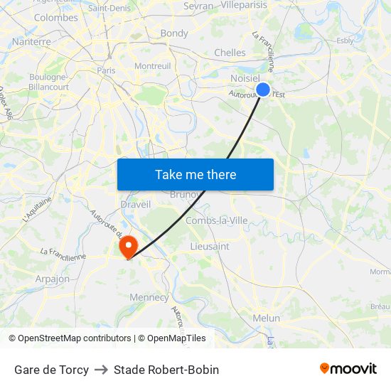 Gare de Torcy to Stade Robert-Bobin map