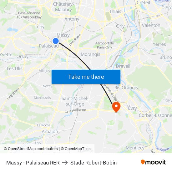 Massy - Palaiseau RER to Stade Robert-Bobin map