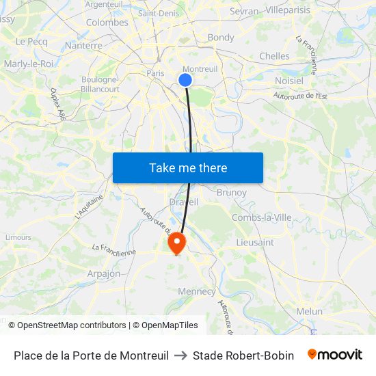 Place de la Porte de Montreuil to Stade Robert-Bobin map