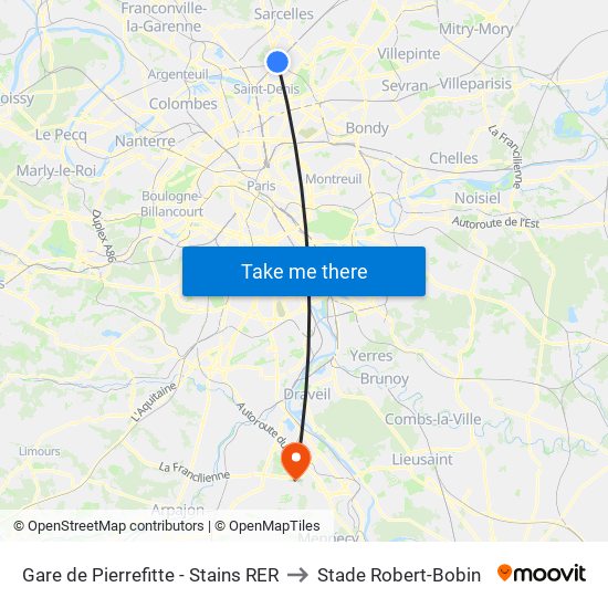 Gare de Pierrefitte - Stains RER to Stade Robert-Bobin map