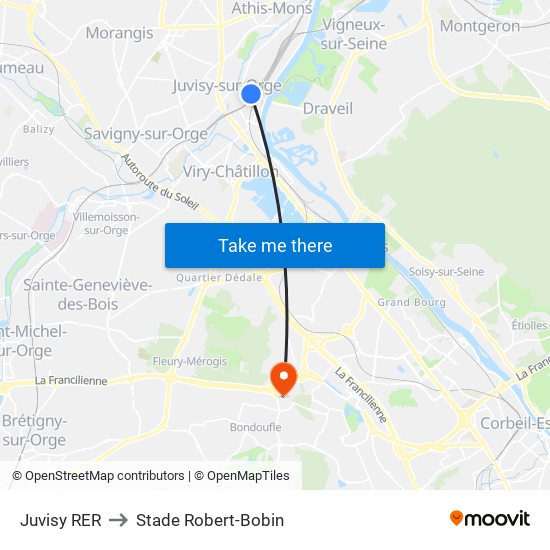 Juvisy RER to Stade Robert-Bobin map