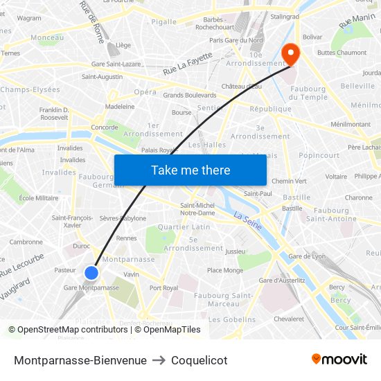 Montparnasse-Bienvenue to Coquelicot map