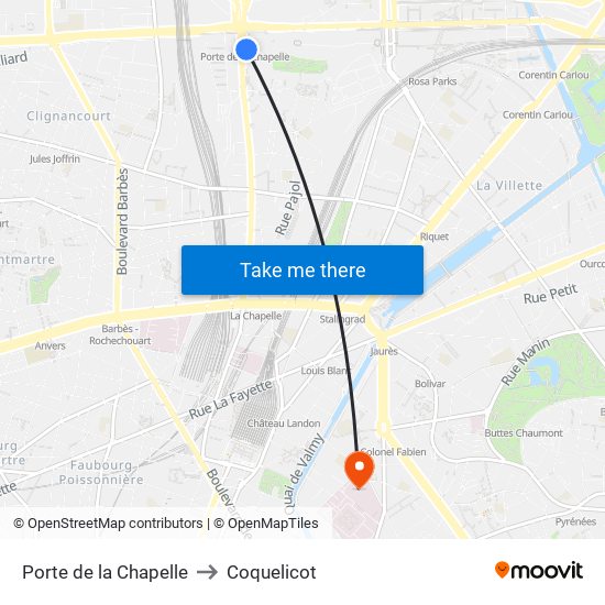 Porte de la Chapelle to Coquelicot map