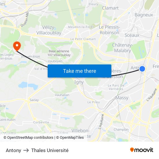Antony to Thales Université map