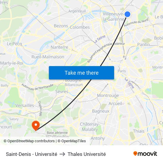 Saint-Denis - Université to Thales Université map