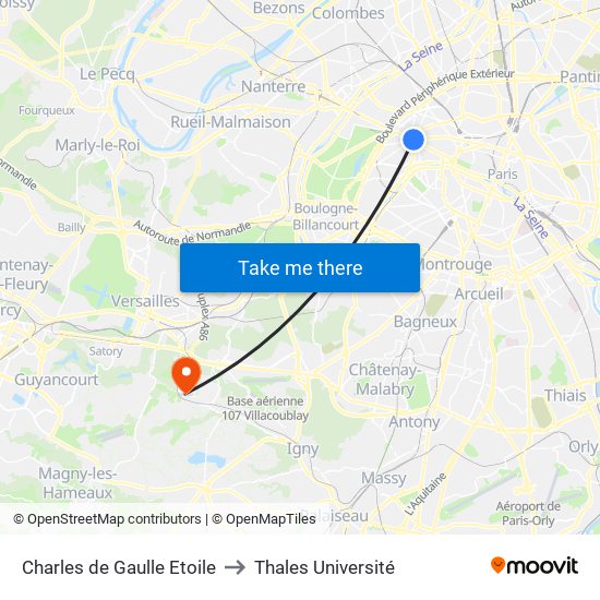 Charles de Gaulle Etoile to Thales Université map