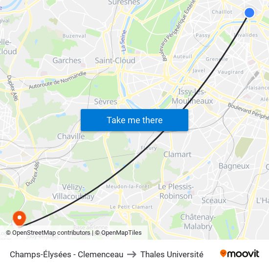 Champs-Élysées - Clemenceau to Thales Université map