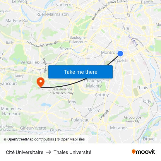 Cité Universitaire to Thales Université map