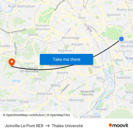Joinville-Le-Pont RER to Thales Université map