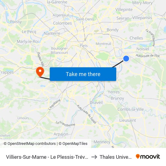 Villiers-Sur-Marne - Le Plessis-Trévise RER to Thales Université map