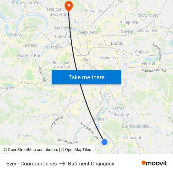 Évry - Courcouronnes to Bâtiment Changeux map