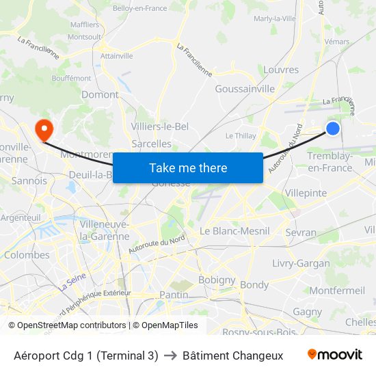 Aéroport Cdg 1 (Terminal 3) to Bâtiment Changeux map