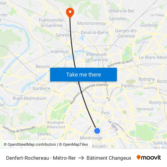 Denfert-Rochereau - Métro-Rer to Bâtiment Changeux map