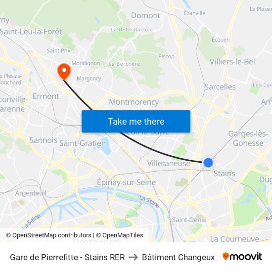 Gare de Pierrefitte - Stains RER to Bâtiment Changeux map