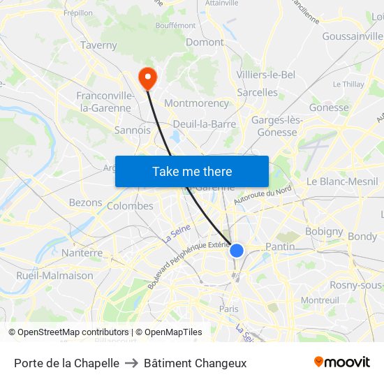 Porte de la Chapelle to Bâtiment Changeux map