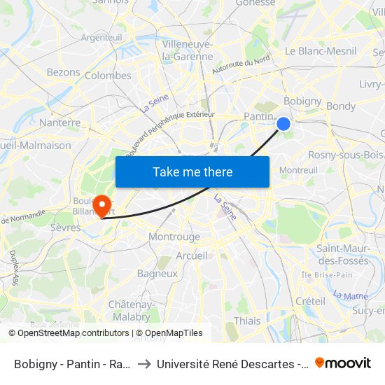 Bobigny - Pantin - Raymond Queneau to Université René Descartes - Centre Henri Pieron map