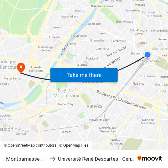 Montparnasse-Bienvenue to Université René Descartes - Centre Henri Pieron map