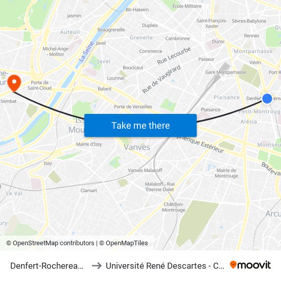 Denfert-Rochereau - Métro-Rer to Université René Descartes - Centre Henri Pieron map