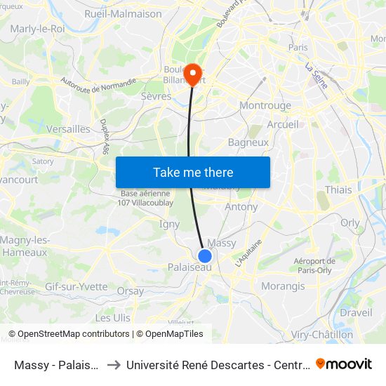 Massy - Palaiseau RER to Université René Descartes - Centre Henri Pieron map