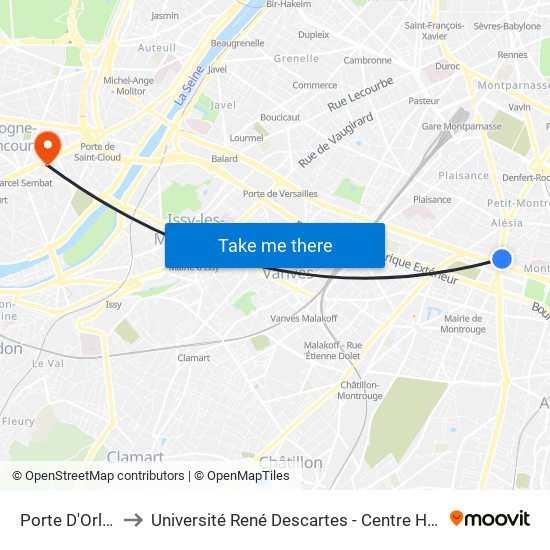 Porte D'Orléans to Université René Descartes - Centre Henri Pieron map