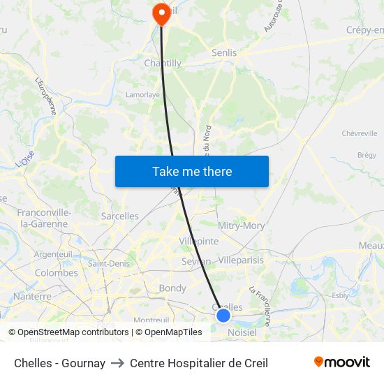 Chelles - Gournay to Centre Hospitalier de Creil map
