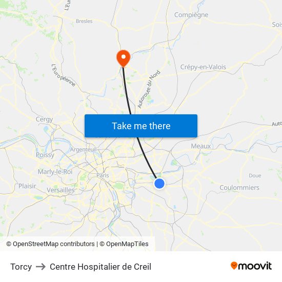 Torcy to Centre Hospitalier de Creil map