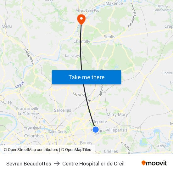 Sevran Beaudottes to Centre Hospitalier de Creil map