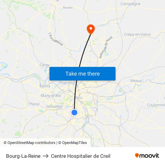 Bourg-La-Reine to Centre Hospitalier de Creil map