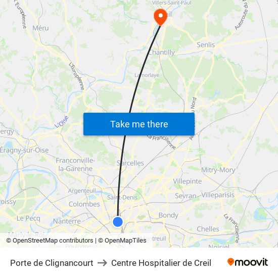 Porte de Clignancourt to Centre Hospitalier de Creil map