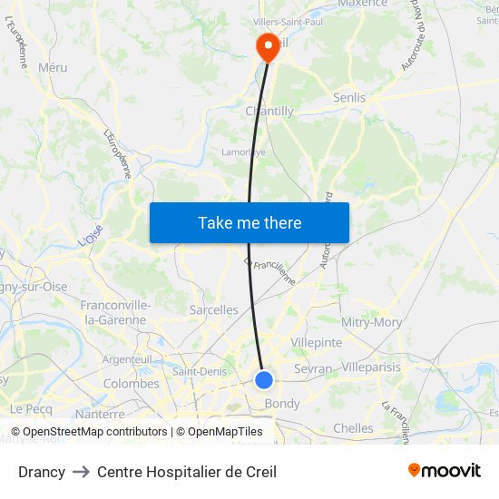Drancy to Centre Hospitalier de Creil map