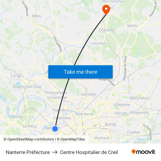 Nanterre Préfecture to Centre Hospitalier de Creil map